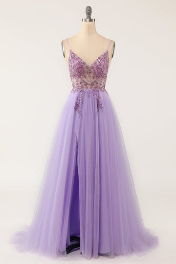 Purple Beaded Tulle Long Ball Dress